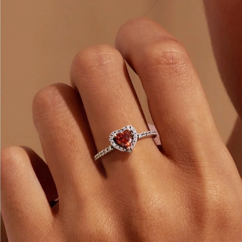 Elegant Silver Heart Ring with Red Gemstone size 9